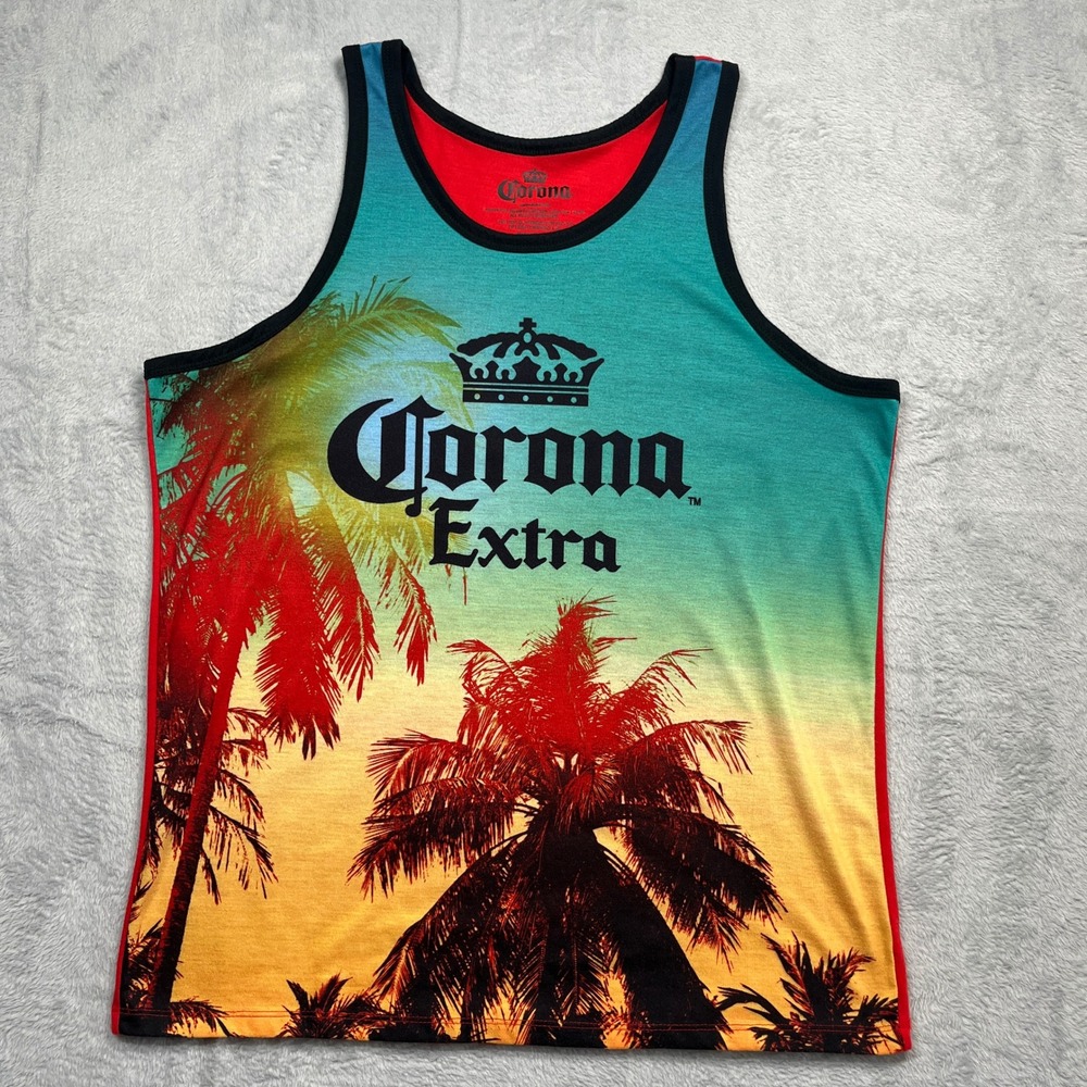 Corona Extra Tank Top Mens Red Multicolor Tropical Sunset Palm Trees Graphic XL